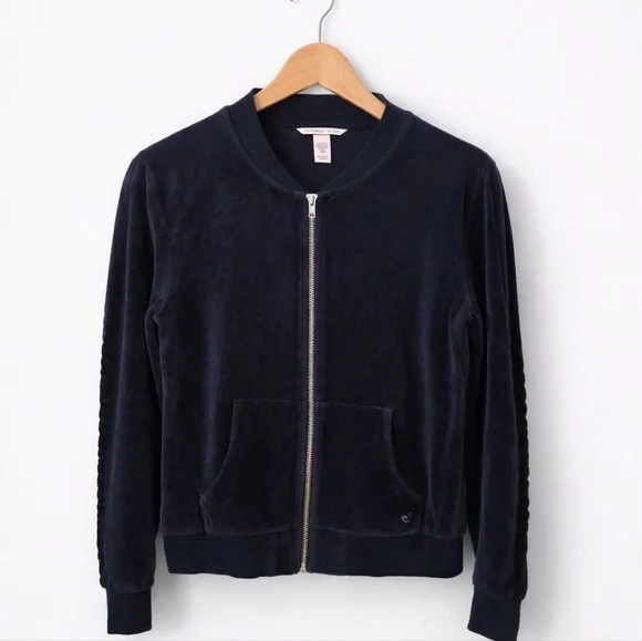 Victoria’s Secret Velour Zip Up Jacket XS Navy Blue Cozy Lounge - Picture 1 of 8